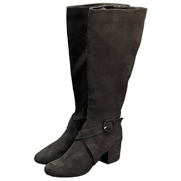 Nine West Black Faux Suede Cross Strap Block Heel Tall Riding Boot Women 8.5 - Picture 1 of 10